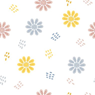 Pastel yaz rengi, kusursuz yağmur damlaları ve çiçek deseni. Tişört, tekstil ve parmak izleri için tasarım. Dekor ve tasarım için el çizimi vektör çizimi.