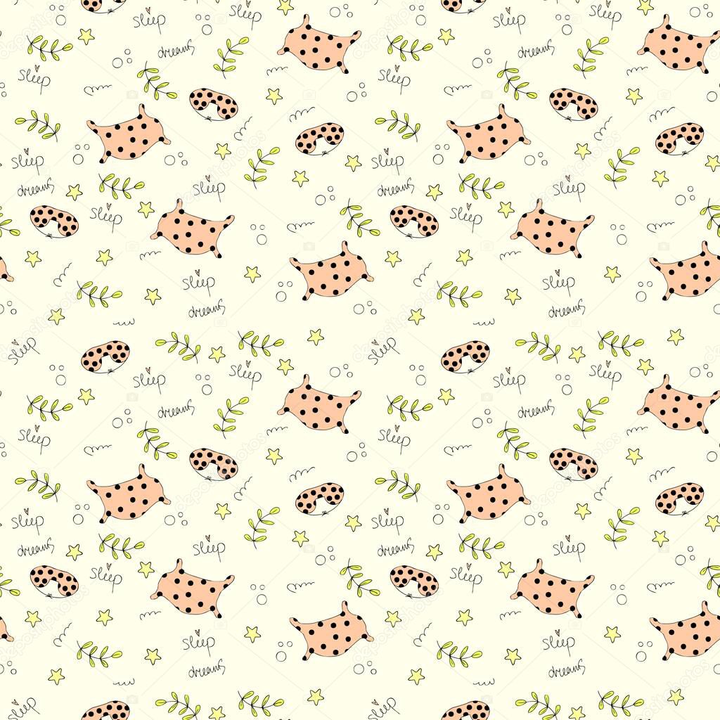 Cartoon style doodle seamless pattern of pillows and sleep masks. Perfect for scrapbooking, textile and prints.