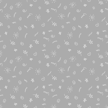 Güneş ve yıldızların kusursuz desenli yaz teması. Albüm, tekstil ve parmak izleri için mükemmel. Dekor ve tasarım için el çizimi illüstrasyon.