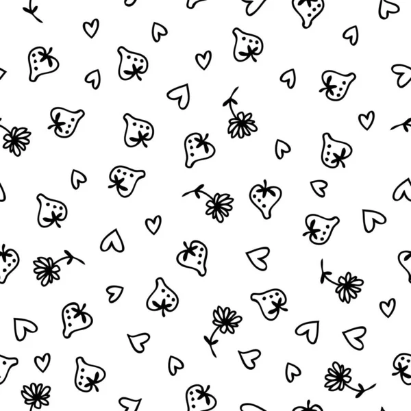 Doodle Strawberries Flowers Hearts Monochrome Seamless Pattern Perfect Scrapbooking Textile — Stock Vector