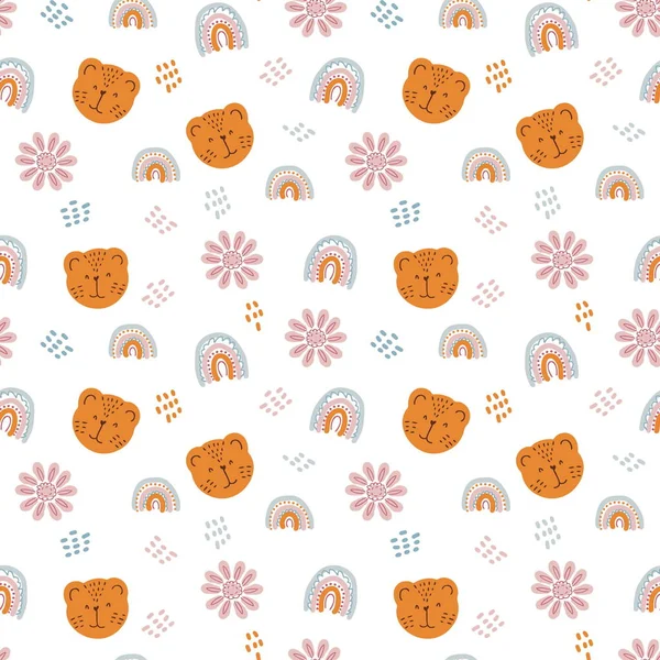 Seamless Pattern Tiger Muzzles Rainbows Flowers Pastel Color Design Shirt — Foto de Stock