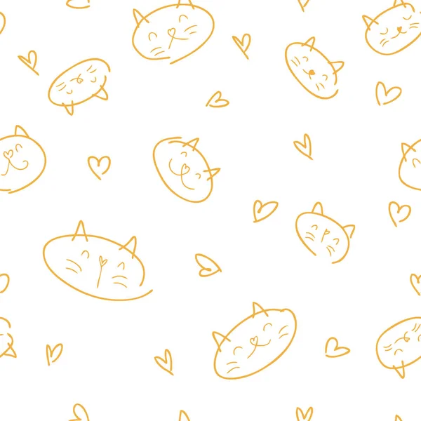 Volné Ručně Kreslené Vektor Bezešvé Vzor Kočičí Tlamy Srdce Pastelových — Stockový vektor