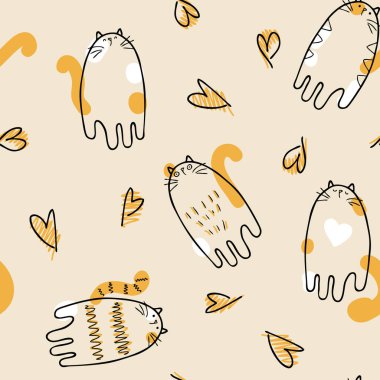 Pastel renkli vektör, kedi ve kupa desenleri. Tişört, tekstil ve parmak izleri için mükemmel. Dekor ve tasarım için el çizimi illüstrasyon.