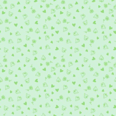 Doodle stili çilekler, çiçekler ve kalpler yeşil, pürüzsüz desen. Albüm, tekstil ve parmak izleri için mükemmel. Dekor ve tasarım için el çizimi illüstrasyon.