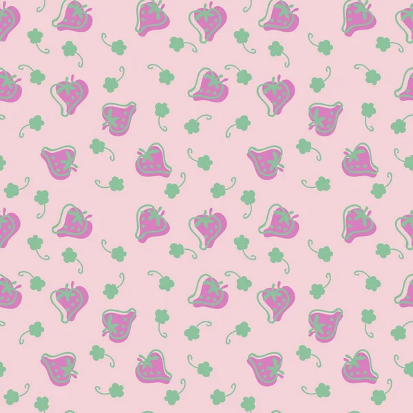 Doodle strawberries and green flowers silhouette seamless pattern.  Perfect for scrapbooking, textile and prints. Hand drawn  illustration for decor and design.