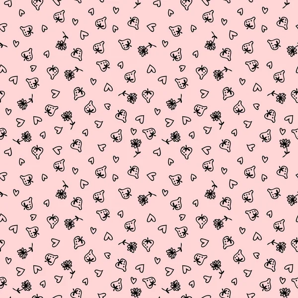 Doodle Style Strawberries Flowers Hearts Romantic Seamless Pattern Perfect Scrapbooking — Stock Photo, Image