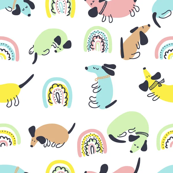Multicolor summer seamless pattern of dachshunds and rainbows. Perfect for scrapbooking, greeting card, poster, textile and prints. Doodle vector illustration for decor and design.