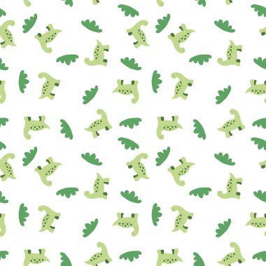 Kırmızı dinozorların ve yeşil çimenlerin yumuşak, pürüzsüz yaz desenleri. Tişört, tekstil ve parmak izleri için tasarım. Dekor ve tasarım için el çizimi illüstrasyon.