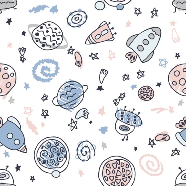 Pastel Colored Seamless Pattern Rockets Planets Space Perfect Fabric Scrapbooking — Stock Vector