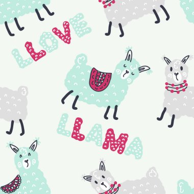Pastel, LLAMA 'nın renksiz deseni ve LLAMA' nın aşkı metni. Tişört, tekstil ve parmak izleri için mükemmel. Dekor ve tasarım için el çizimi vektör çizimi.