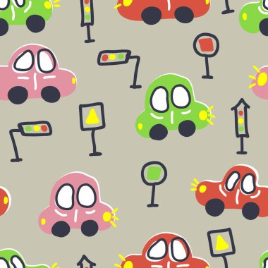 Çok renkli parlak bir yaz trafiği ve trafik işaretleri. Tişört, tekstil ve parmak izleri için tasarım. El çizimi vektör illüstrasyonu.