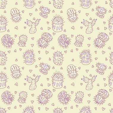 Kalpli kaktüslerin kusursuz desenleri. Kumaş, hatıra defteri, tekstil ve parmak izi için mükemmel. Dekor ve tasarım için çizim biçimi illüstrasyonu.