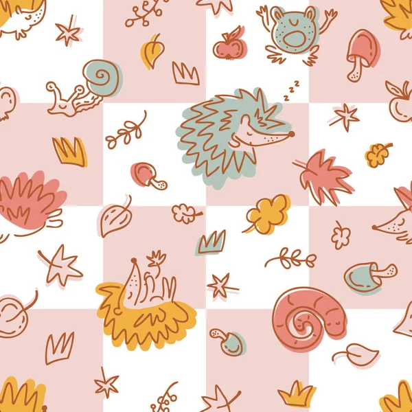 Pastel Colored Autumn Seamless Pattern Hedgehogs Checkered Background Perfect Fabric — ストックベクタ