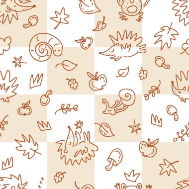 Kirpilerin ve sonbahar elementlerinin kusursuz desenleri karalanmış arka plana karalanıyor. Kumaş, hatıra defteri, tekstil ve parmak izi için mükemmel. Dekor ve tasarım için çizim biçimi vektör çizimi.