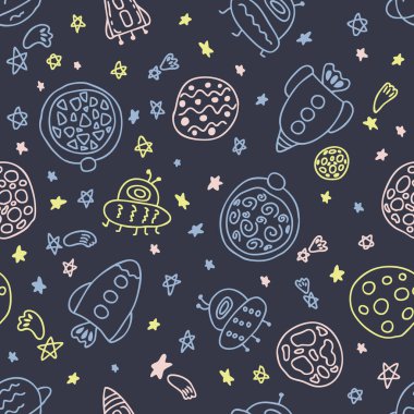 Uzay karalamalarında gece, kusursuz roketler ve gezegenler. Kumaş, hatıra defteri, tekstil ve parmak izi için mükemmel. Dekor ve tasarım için çizim biçimi vektör çizimi.