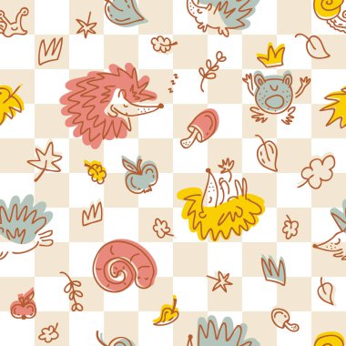 Arkaplanda kirpilerin çok renkli ve dikişsiz bir sonbahar düzeni var. Kumaş, hatıra defteri, tekstil ve parmak izi için mükemmel. Dekor ve tasarım için çizim biçimi vektör çizimi.