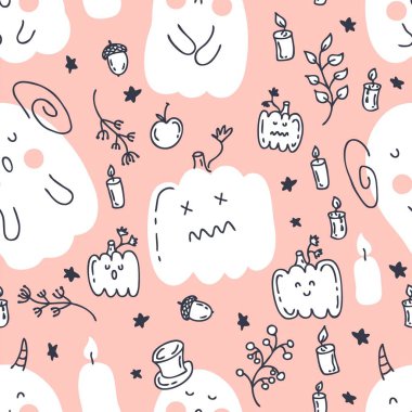 Hayaletlerle ve sonbahar elementleriyle kusursuz desen. Albüm, poster, tekstil ve parmak izleri için mükemmel. Dekor ve tasarım için el çizimi vektör çizimi.