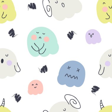 Hayaletlerle çok renkli, pürüzsüz desen. Tişört, tekstil ve parmak izleri için mükemmel. Dekor ve tasarım için Doodle biçimi vektör çizimi.