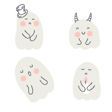 El çizimi Cadılar Bayramı hayaletleri seti. Tişört, tekstil ve parmak izleri için mükemmel. Dekor ve tasarım için karalama çizimi.