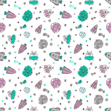 Uzayda roketlerin ve gezegenlerin kusursuz çizimleri. Tişört, tekstil ve parmak izleri için mükemmel. Dekor ve tasarım için çizim biçimi illüstrasyonu.