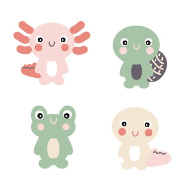 El çizimi vektör sürüngenler koleksiyonu. Poster, tekstil ve parmak izleri için mükemmel. Dekor ve tasarım için çizgi film stili çizimi.