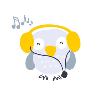 Kulaklık vektör illüstrasyonlu el çizimi müzikal baykuş. Tişört, tekstil ve parmak izleri için tasarım.