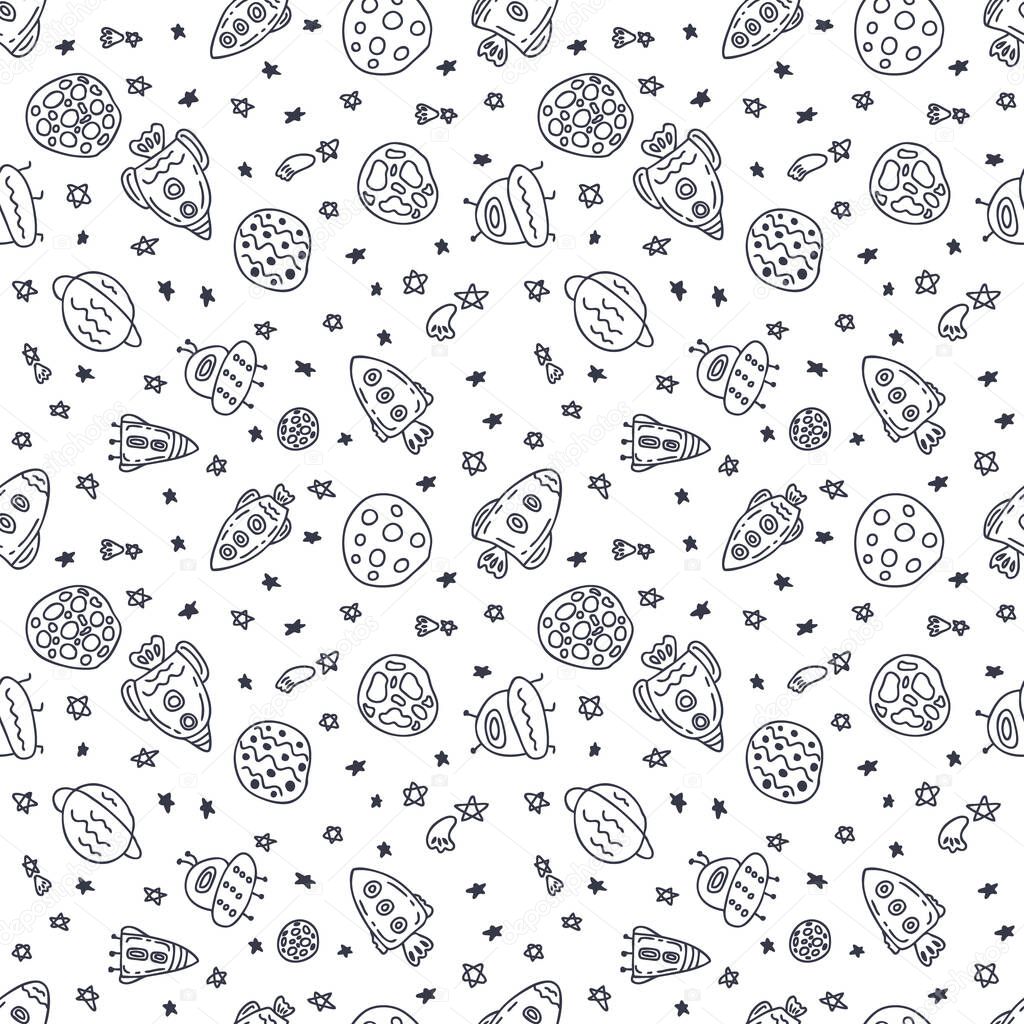 Doodle seamless pattern of rockets and planets in space. Perfect for fabric, scrapbooking, textile and prints. Sketch style illustration for decor and design.