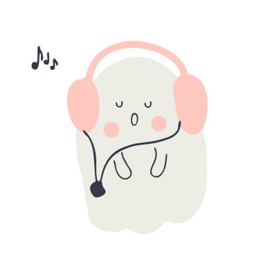 Cadılar Bayramı 'nda kulaklıkla hayalet şarkıları söylenir. Kupür defteri, tebrik kartı, parti davetiyesi, poster ve parmak izi için mükemmel. Dekor ve tasarım için el çizimi vektör çizimi.