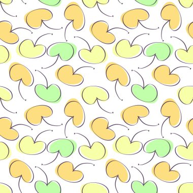 Pastel renginde, kirazlı dikişsiz sonbahar deseni. Tişört, tekstil ve parmak izleri için mükemmel. Dekor ve tasarım için Doodle biçimi çizimi.