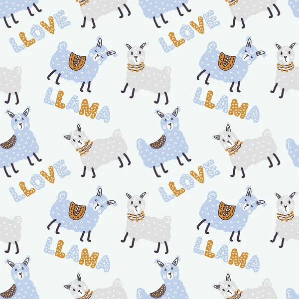 Pastel colored seamless pattern of lamas and text LLAMA LLOVE. Perfect for T-shirt, textile and prints. Hand drawn illustration for decor and design.