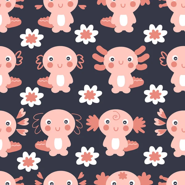Χειροποίητο Σχέδιο Χωρίς Ραφή Axolotls Και Λουλούδια Ιδανικό Για Shirt — Διανυσματικό Αρχείο