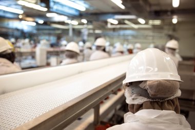 Fabrika işçileri çalışma tesisi emniyet dişli ve makina ile gruplandırılmış