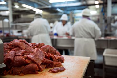 Ham sığır eti bir tablo içinde belgili tanımlık geçmiş işçiler ile fabrika ambalaj fabrikasında