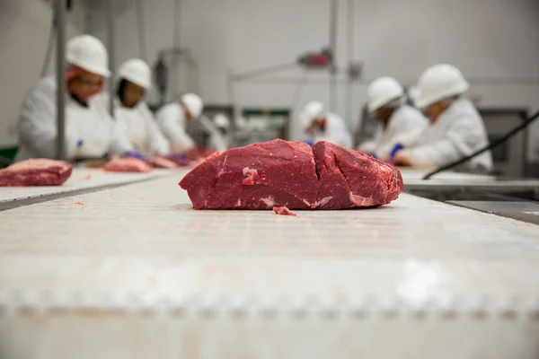 Manipolazione della carne procedura di sicurezza con i lavoratori in tuta bianca caschi e guanti — Foto Stock