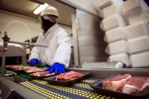 Carne alimentos manipulação luvas de segurança e terno com máscara — Fotografia de Stock