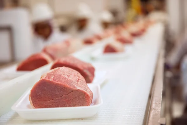 Cierre de fila de chuletas de cerdo en cinta transportadora de fábrica de embalaje — Foto de Stock