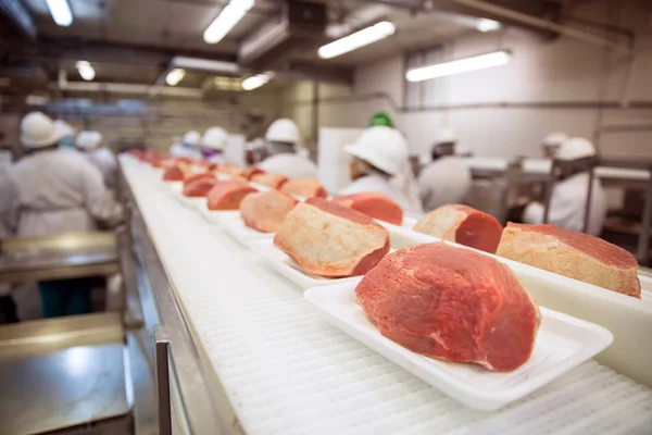 Linha de fábrica de carne de porco crua com trabalhadores na fábrica industrial — Fotografia de Stock