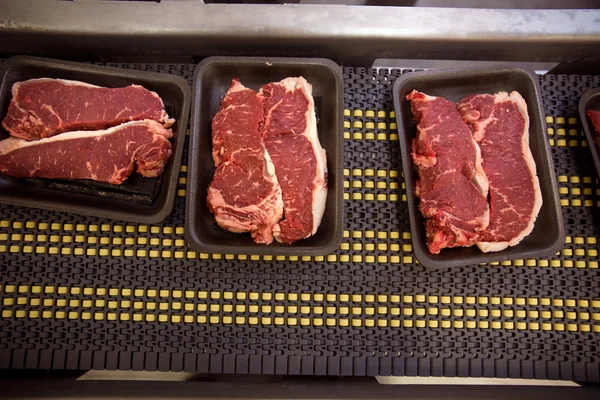 Bistecche di carne cruda rossa su un nastro trasportatore in fabbrica industriale — Foto Stock