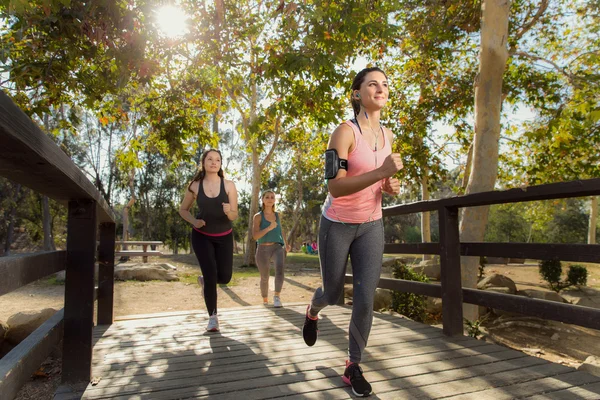 Група бігу людей у парку на відкритому повітрі здорові та активні жінки яскраві молоді енергійні позитивні — стокове фото