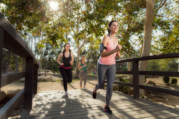 Jogging group of people in park outdoors healthy and active females vibrant young energetic positive — Stock Photo, Image