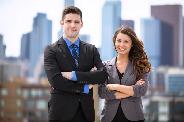 Business attorneys arms crossed portrait in the city downtown — Stockfoto