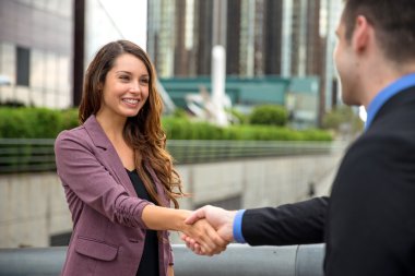Güzel model genç profesyonel girişimci iş şirket CEO'su el sıkışma
