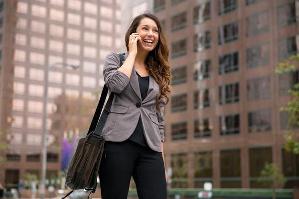 Business woman on way to work young executive successful happy smile walking city — Stock Photo, Image