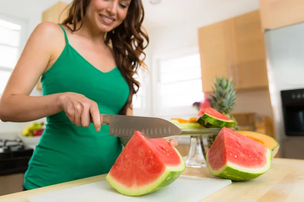 Close up of fresh fruit watermelon organic summer delicious seedless woman — Stock Photo, Image