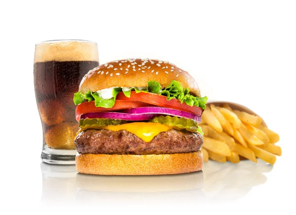 Hamburger fries and a coke soda pop cheeseburger combination deluxe fast food on white — 图库照片