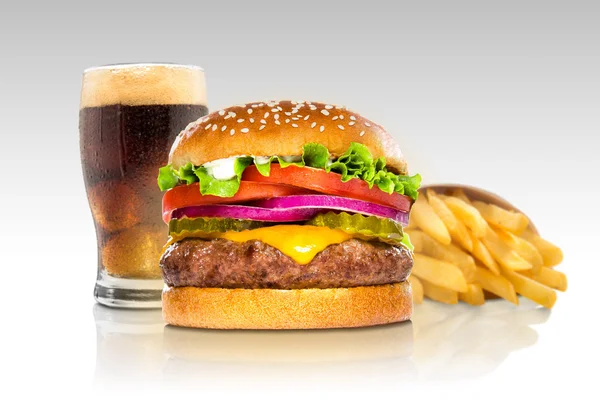 Hamburger fries and a coke soda pop cheeseburger combination deluxe fast food on gradient — ストック写真