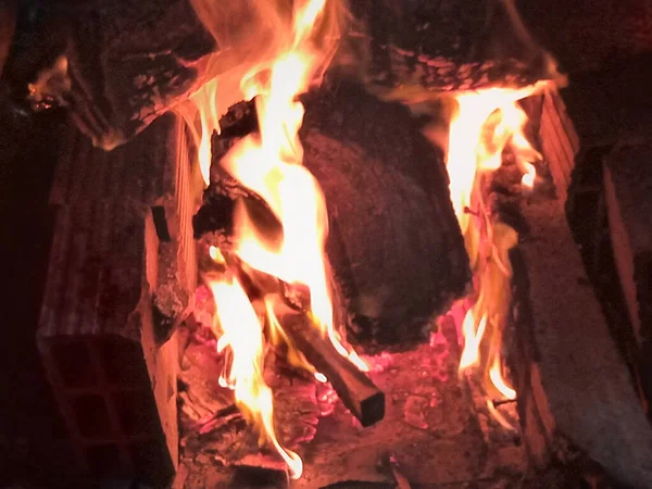 Fuego Noche Quema Madera — Foto de Stock