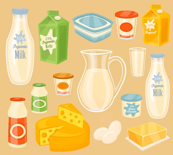 Milchprodukte auf Holztisch, Milch, Rastersymbol — Stockfoto