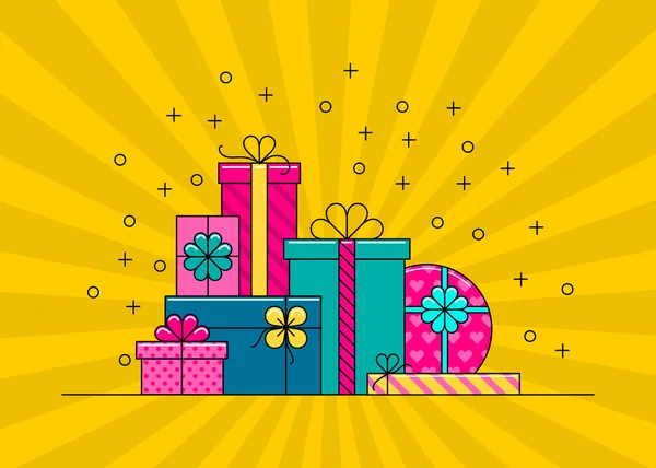 Gran pila de coloridas cajas de regalo envueltas . — Vector de stock