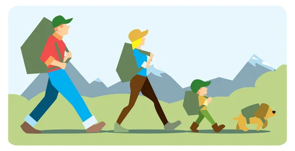 Familia yendo a la montaña con mochilas . — Vector de stock